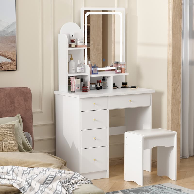 31.5" Wide Dresser Makeup Vanity With Stool and Touching Light Mirror - 31.5"W - White