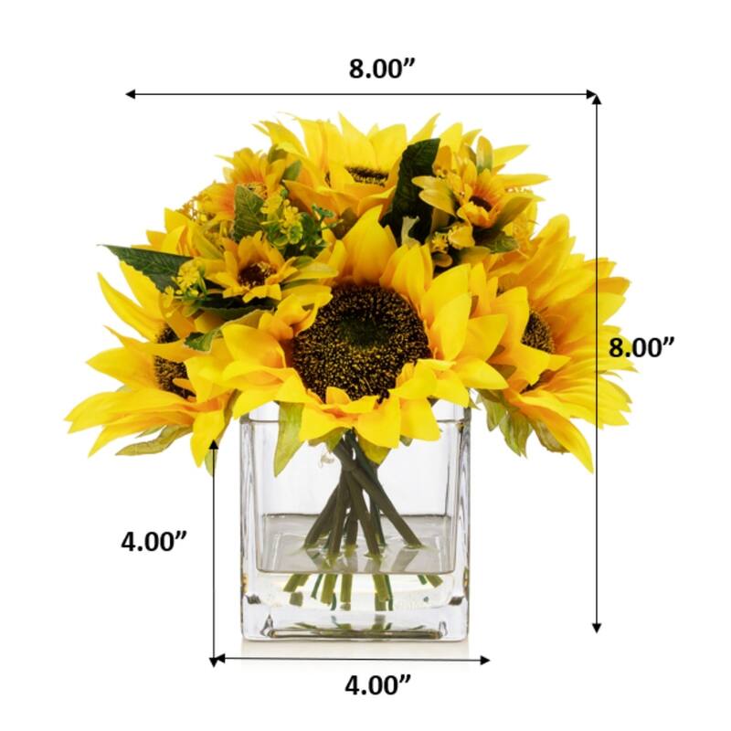 Enova Home Mixed Artificial Sunflowers Arrangement in Glass Vase For Home Office Centerpiece Table Decoration - N/A