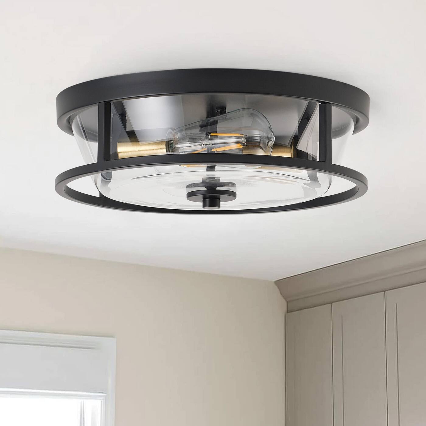 Farmhouse 2Light Metal Frame Close to Ceiling Light with Glass Shade