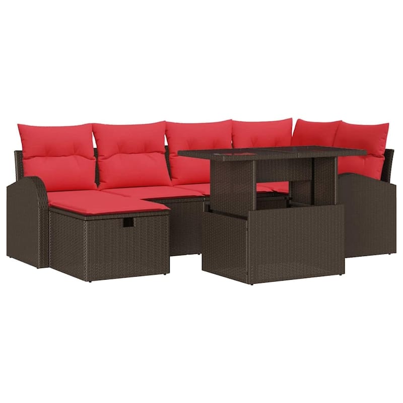 vidaXL 7 Garden Sofa Set with Cushions Black/Brown/Grey Poly Rattan - 92.1 x 48.8 x 27.2