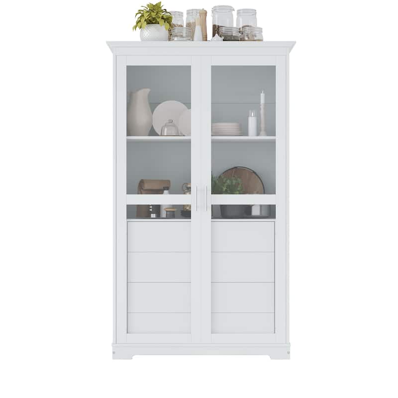 Pantry Cabinet with Glass Door, 2 Shelves & 4 Built-in Drawers, Kitchen Pantry Storage Cabinet, Freestanding Kitchen Cupboard