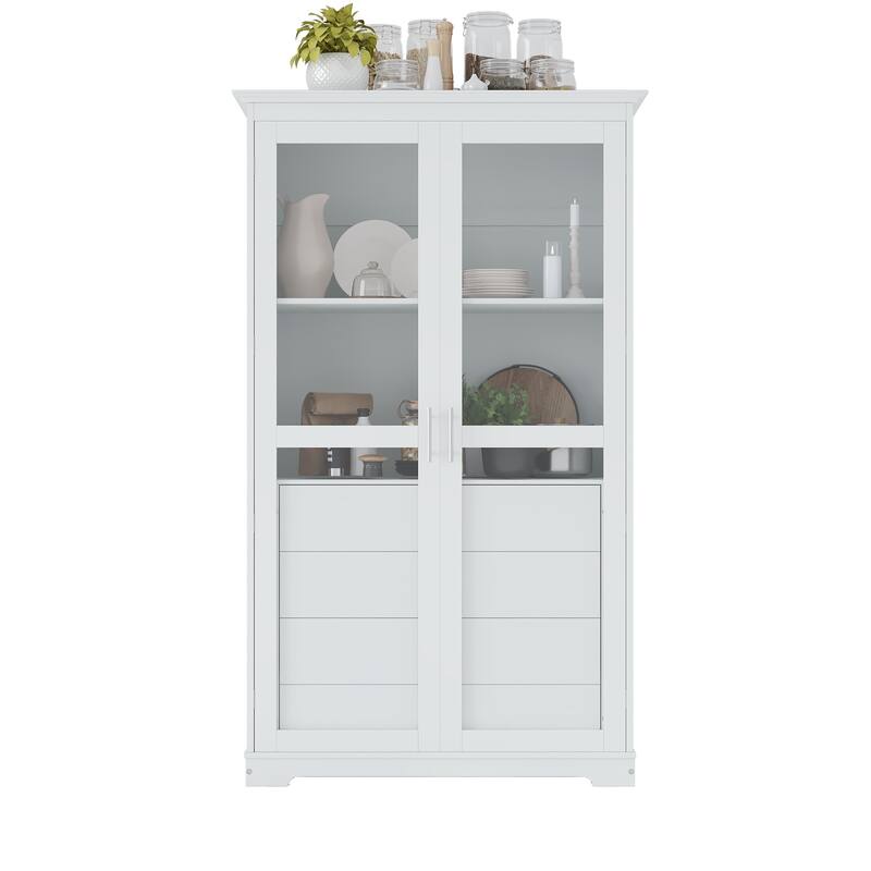 Roomfitters 75" Kitchen Pantry, Freestanding Storage Cabinet Display Cabinet with Glass Doors and 4 Drawers