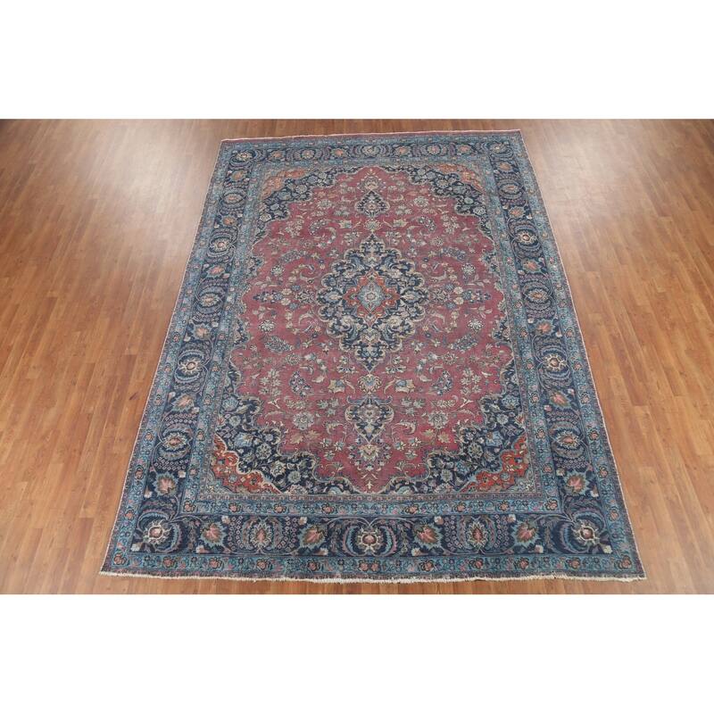 Distressed Traditional Mashad Persian Antiqu Rug Handmade Wool Carpet - 8'4"x 11'5"