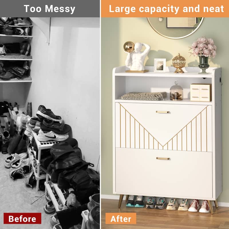 24 Pair Shoe Cabinet with Motion Sensor Light, Space-saving Slim Shoe Storage with 2 Flip Drawers Lighting for Entryway