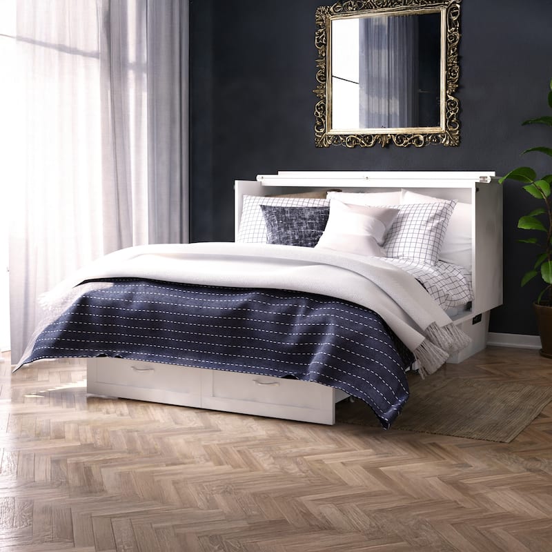 Monroe Queen Murphy Bed Chest with 6" Mattress, Storage Drawer & Built-In Charger in White