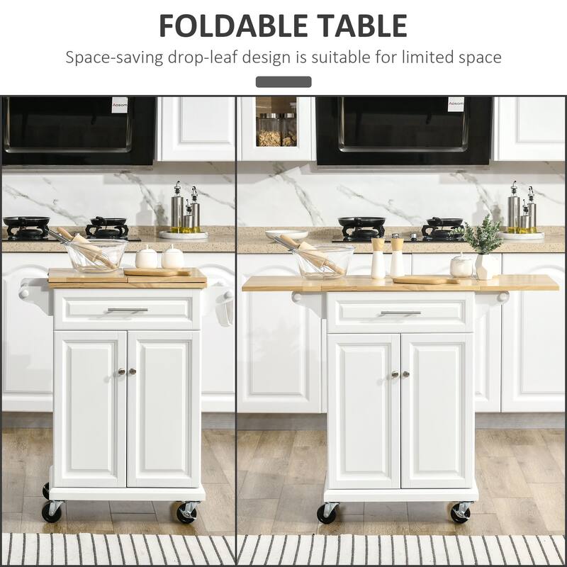 Modern Kitchen Island Drop Leaf Trolley Cart with Wheels 1 Drawer, 1 Door Cabinet and 2 Towel Racks, for Kitchen