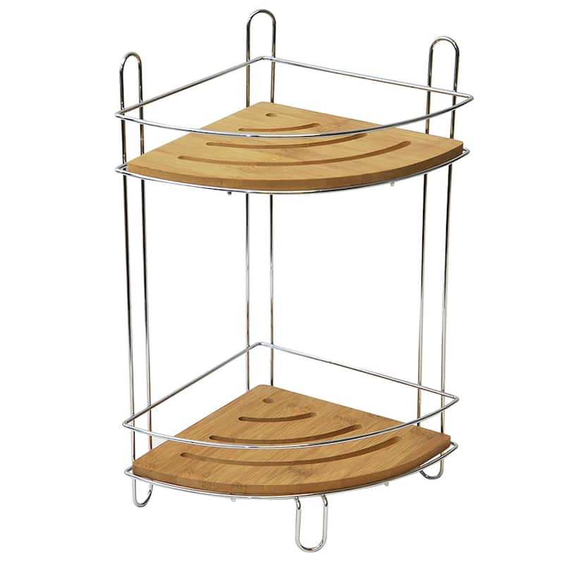 Corner Bathroom Organizer Storage Tower 3 or 2 Shelves Bamboo Black Metal - 2 Shelves - Chrome / Bamboo