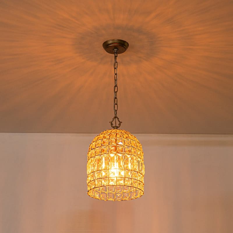 Vintage Glam Crystal Bird Cage Lantern Chandelier - Distressed Brass