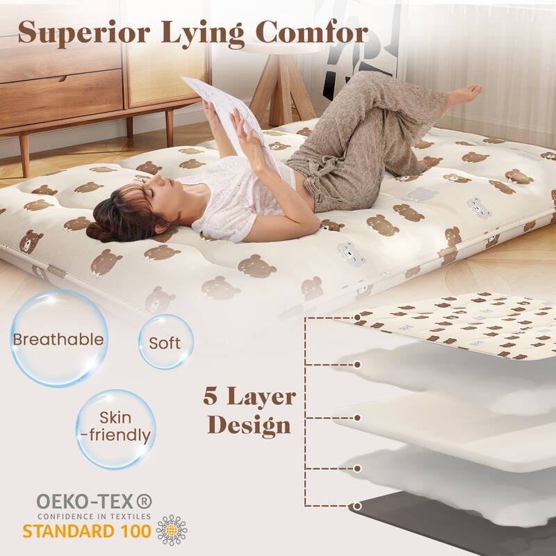 Futon Mattress Floor Bed with Removable Cover and Portable Roll-Up Sleeping Pad for Home or Travel