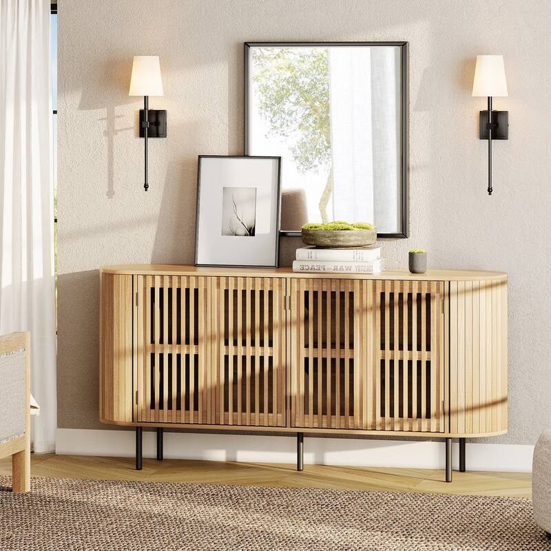 WAMPAT 66" Fluted Sideboard Buffet Cabinet,Wood Storage Cabinet with 4 Doors