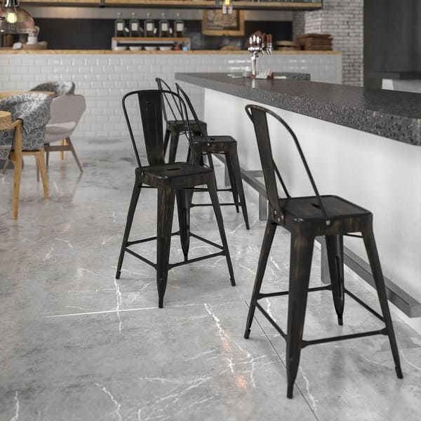slide 2 of 99, 24'' High Metal Indoor-Outdoor Counter Height Stool with Back Black-Antique Gold