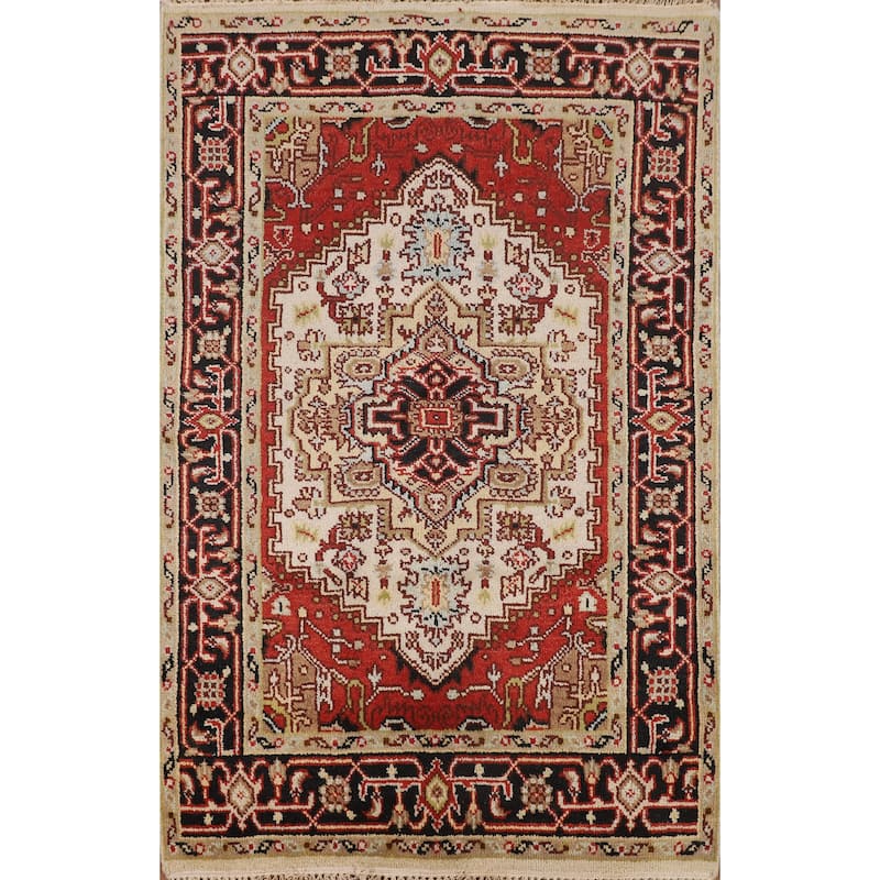 Ivory Geometric Heriz Serapi Indian Rug Hand-Knotted Wool Carpet - 3'11" X 5'10"