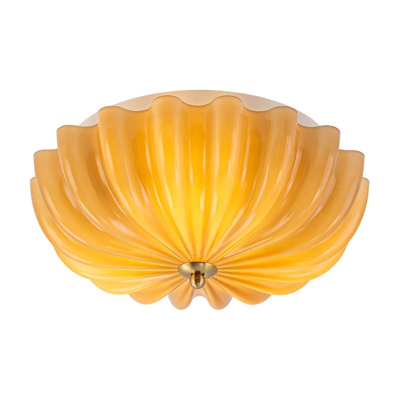 Caramel Brown Art Glass Flower Scalloped Round Ceiling Light - 11.8 Inches