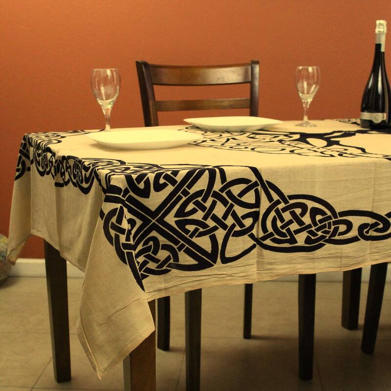 Cotton Celtic Tree of life Tablecloth Rectangle with Fringes - 60 x 90 in - Beige