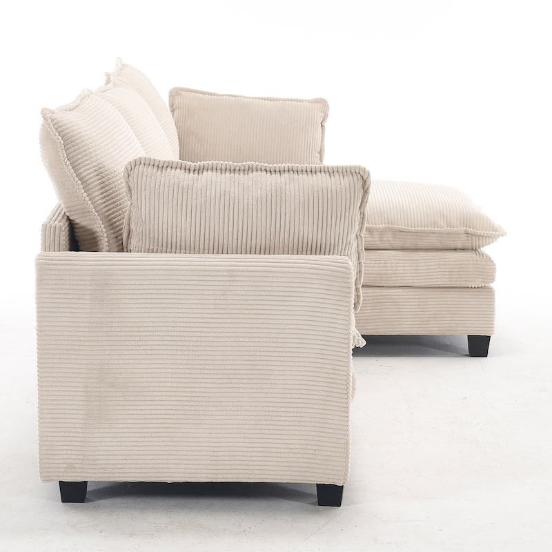 Comfy Corduroy Upholstered Deep Seat Couch L-shaped Sectional Sofa with Ottoman Chaise Lounge and 2 Lumbar Pillows