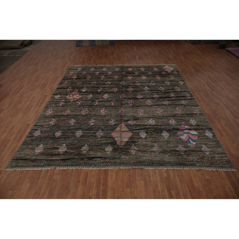 Hand Knotted Oriental 100% Wool Carpet Modern Geometric Greys & Charcoal Moroccan Area Rug - 12' 0'' X 9' 5''