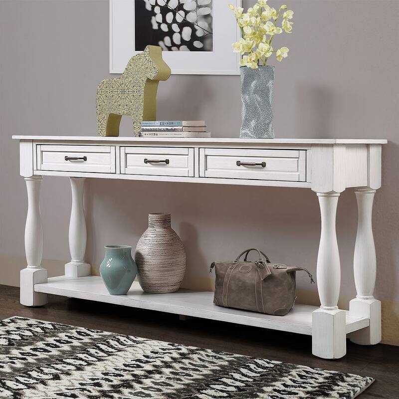 63.38" Long Sofa Console Table with 3 Drawers for Entryway Behind Couch Hall Foyer - Antique White