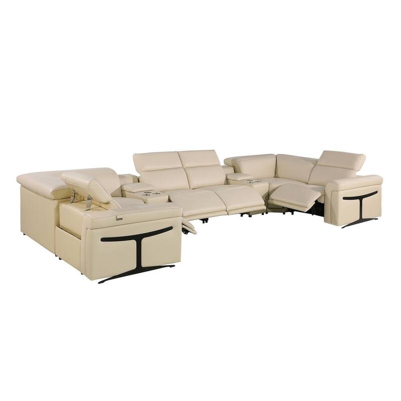 HomeRoots Beige Italian Leather Power Reclining U Shaped Eight Piece Sectional With Console
