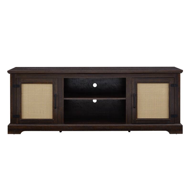 Farmhouse Rattan TV Stand Console Table for TVs up to 70 Inches, TV Console Table with 2 Storage Shelves