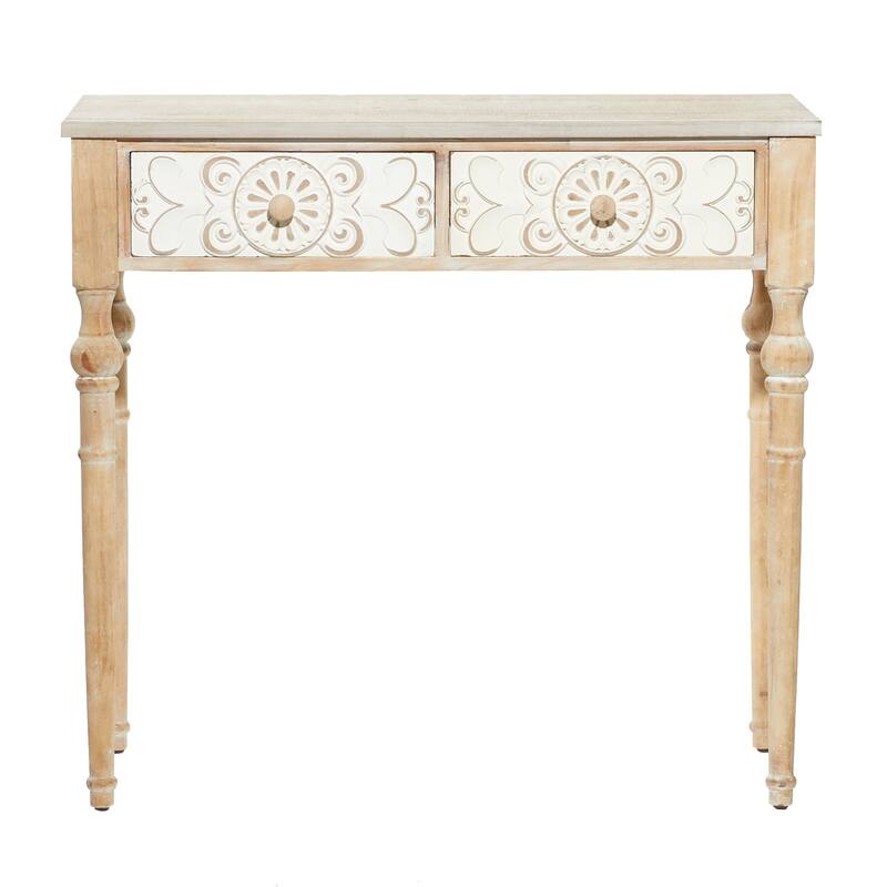 Brown Wood Intricately Carved 2 Drawers Floral Console Table