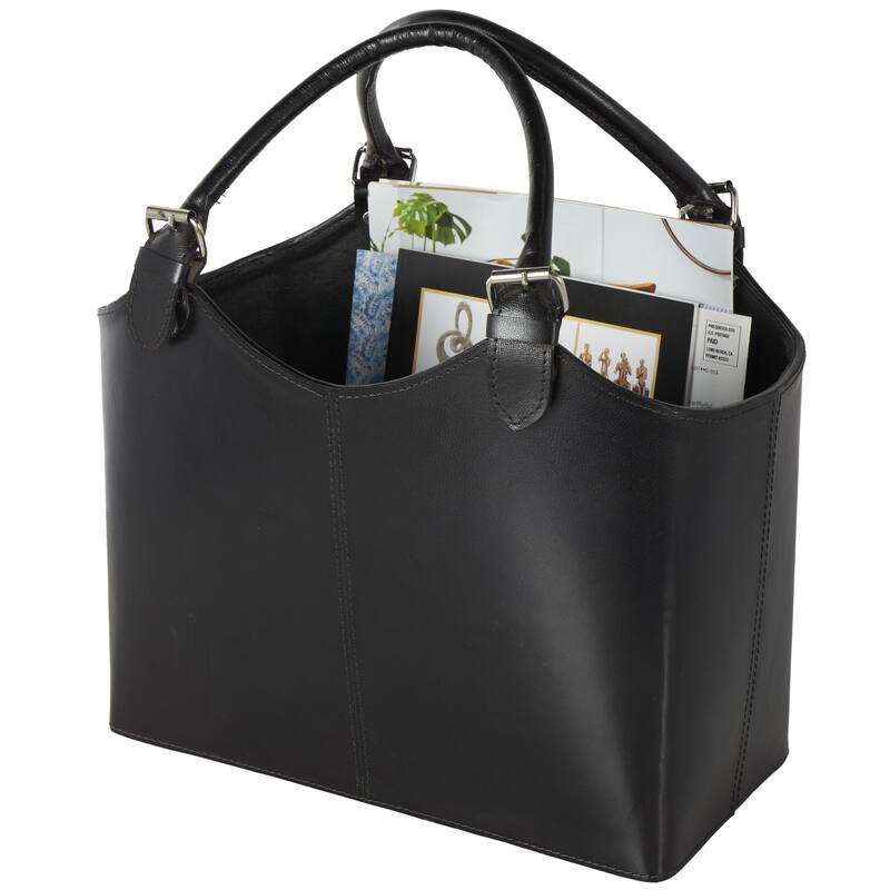 Brown or Black Leather Handmade Box Style Single Slot Decorative Magazine Holder with Detail Stitching and Curved Buckle Handles