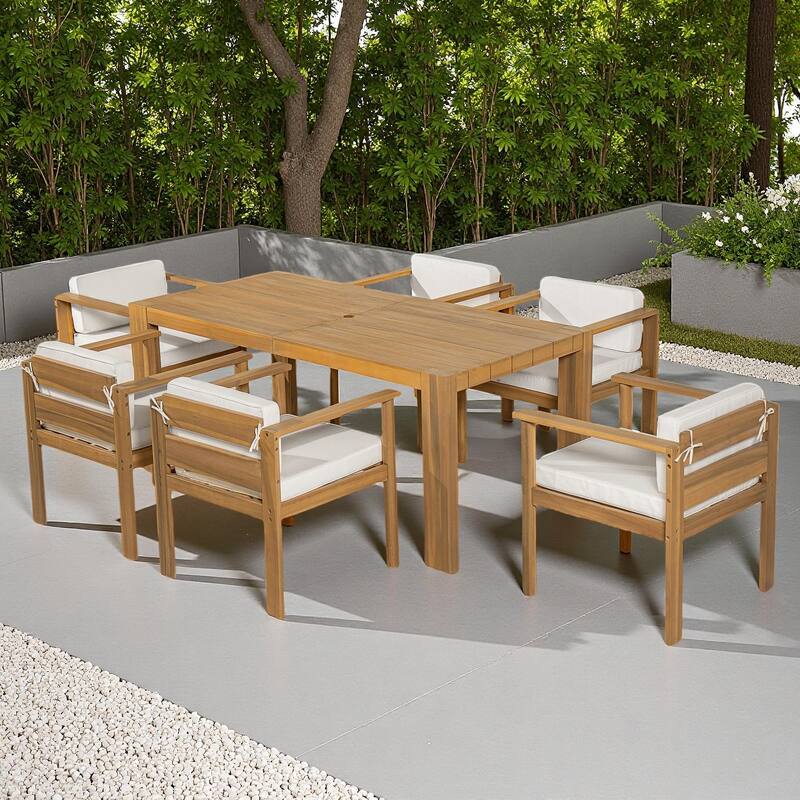 7-Piece Outdoor Patio Acacia Wood Dining Set with Umbrella Hole and 6 Cushioned Low Back Chairs