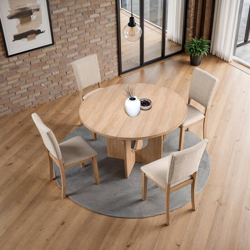 Classic 5pc Round Wooden Dining Set Upholstered Chairs and Table Natural Finish