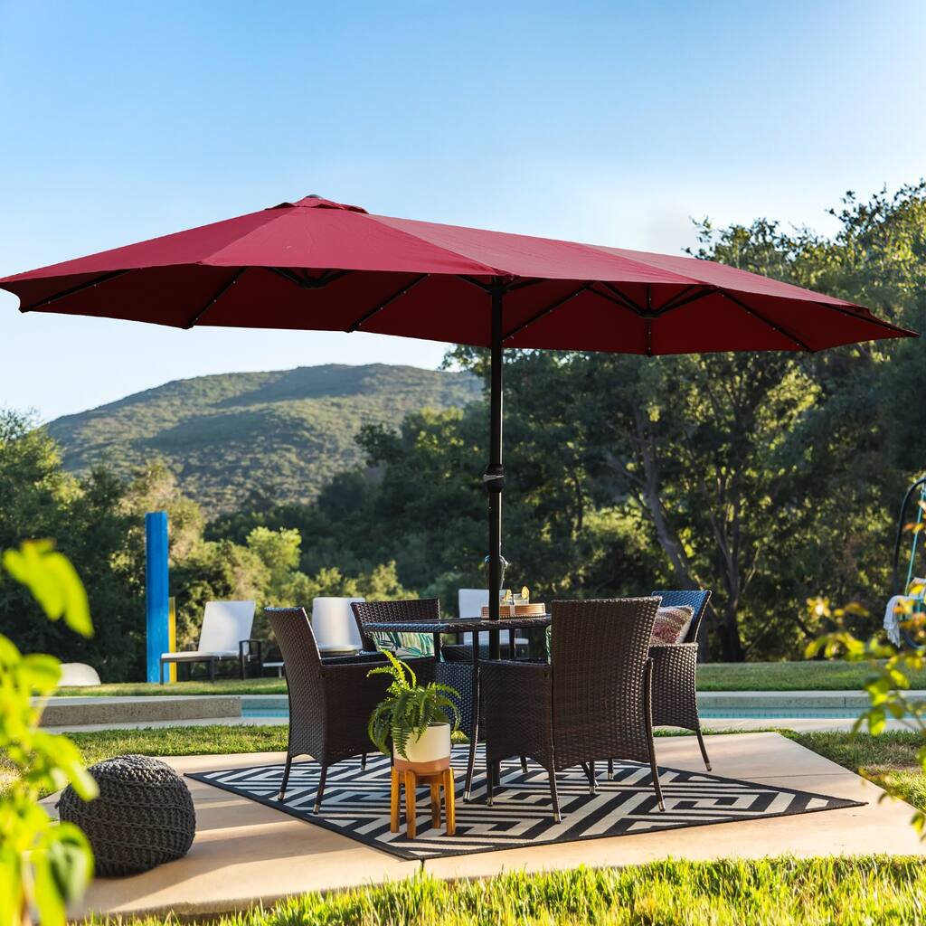 15x9ft Double-Sided Rectangular Outdoor Patio Umbrella with Light and Base - Red