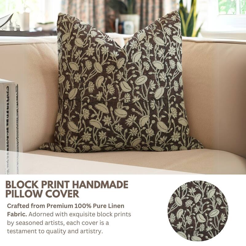 Fabdivine Block Print 12x20 Inch Pillow Cover Pure Linen Floral Farmhouse Decor Accent for Brown Soft, Cushion Case, Kanak Buti