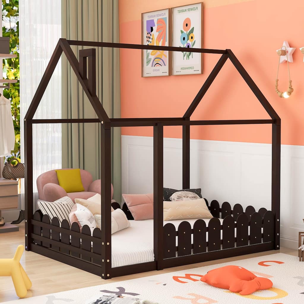 Full Size Wood House Bed Frame with Fence for Children's Bedrooms, Small Space, Playhouse Design, Slats Not Included