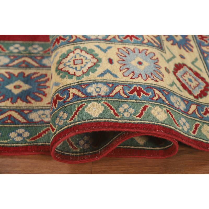 Geometric Red Kazak Area Rug Hand-Knotted Oriental Wool Carpet - 6'8" x 10'2"