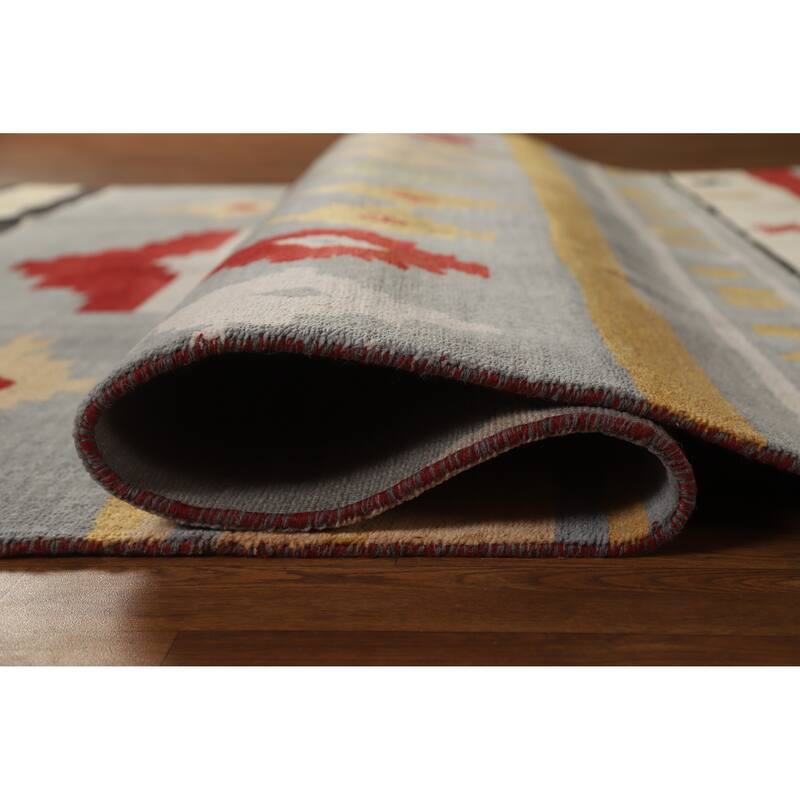 Hand Knotted Oriental 100% Wool Carpet Modern Geometric Greys & Charcoal Gabbeh Area Rug - 9' 2'' X 6' 0''