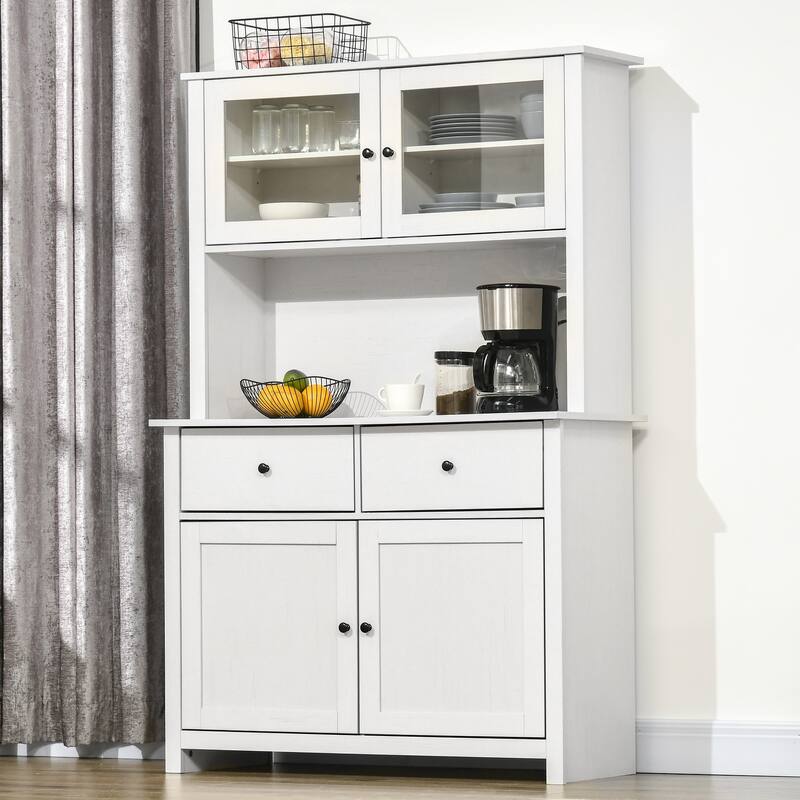 Antique White Kitchen Pantry Storage Cabinet with Hutch, 4 Shelves, Drawers, and Microwave Countertop