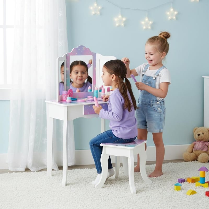 Teamson Kids Wooden Play Vanity Set with Tri-Fold Mirror, Storage Drawer and Stool, Kids Dressing Table for Girls Ages 3-5 - Purple
