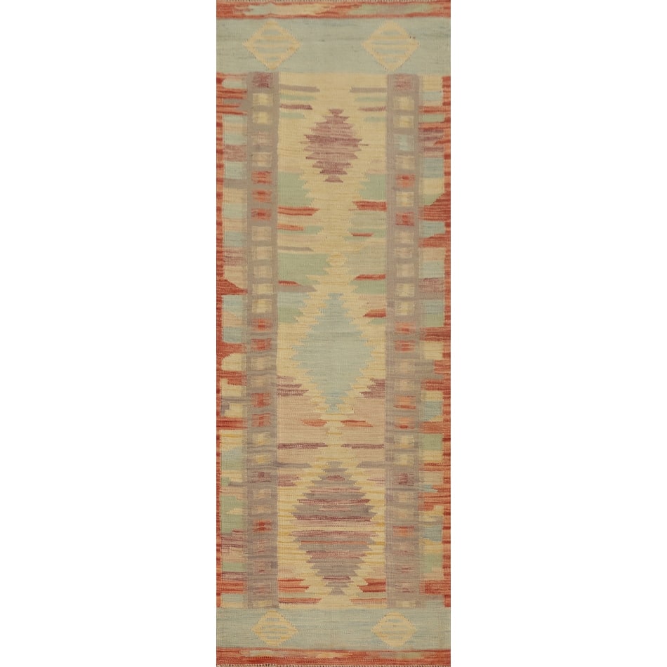 Hand Woven Oriental 100% Wool Carpet Southwestern Tribal Multi-Colored Kilim Runner Rug - 8' 0'' X 2' 2''
