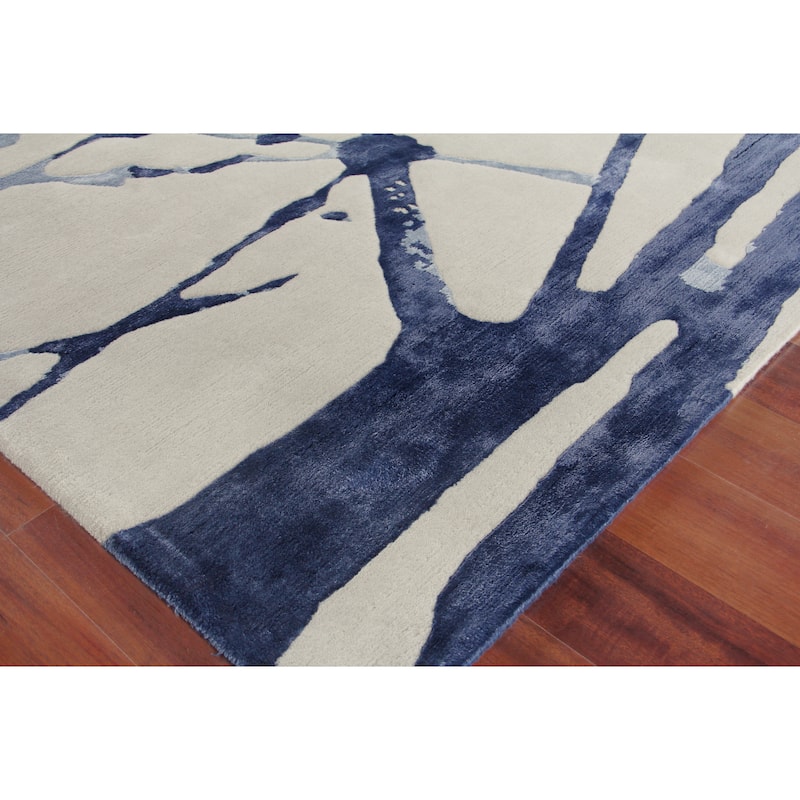 EXQUISITE RUGS Space Age Hand-knotted Wool/Bamboo Silk Grey/Royal Blue/Navy Area Rug.