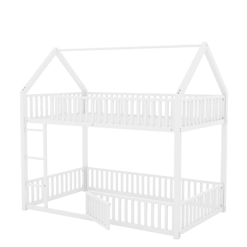 Metal Twin over Twin House Bunk Bed with Fence, Door & Playful Design