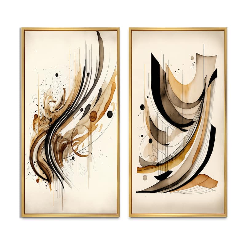 Designart "Brown And Black Movement" Abstract Minimalism Framed Wall Art Set Of 2 - Brown Wall Art Set Of 2
