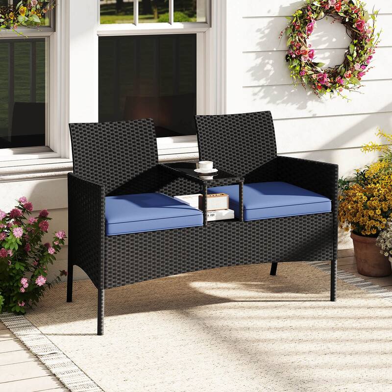 Costway Patio Loveseat with Built-in Table Soft Cushions & Tempered - See Details - Navy