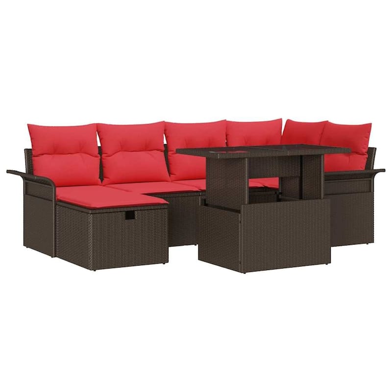 vidaXL 7 Garden Sofa Set with Cushions Black/Brown/Grey Poly Rattan - 95.5 x 52.2 x 27.2