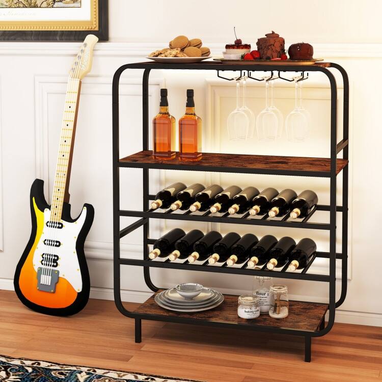5-Tier Rustic Wine Rack with Glass Holder Holds 16 Bottles & 12 Stemware Glasses - 36" x 14" x 46"