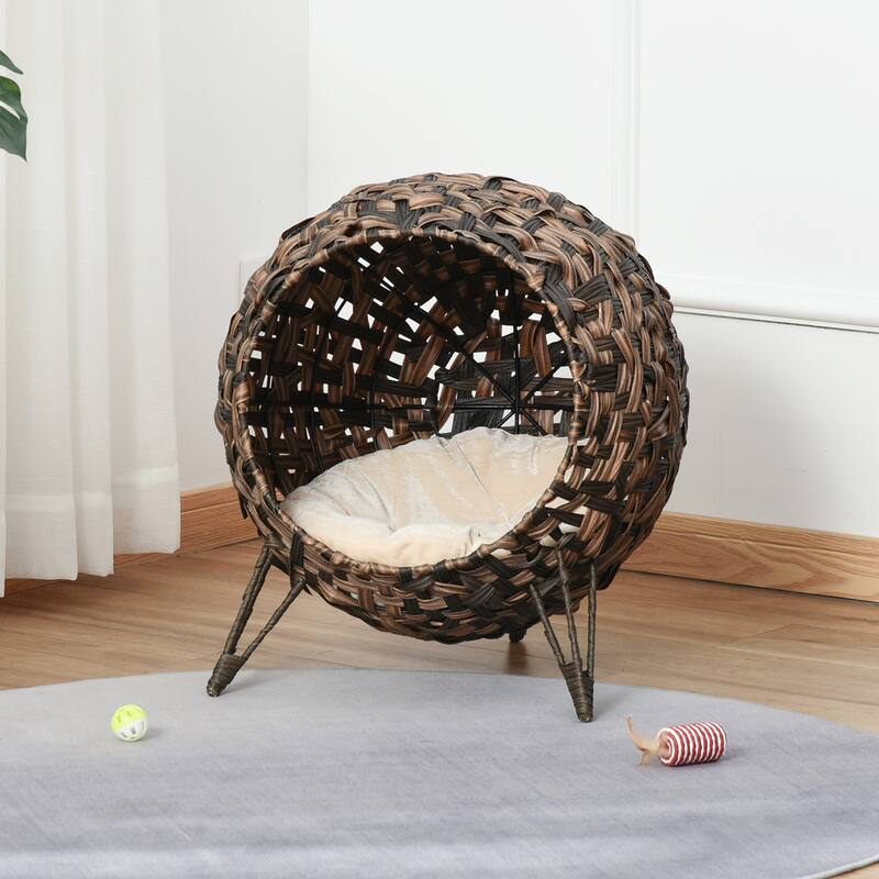 PawHut 20.5" Natural Rattan Cat House, Elevated for Comfort and Circulation, Cushion Included as Animal Bed - Brown