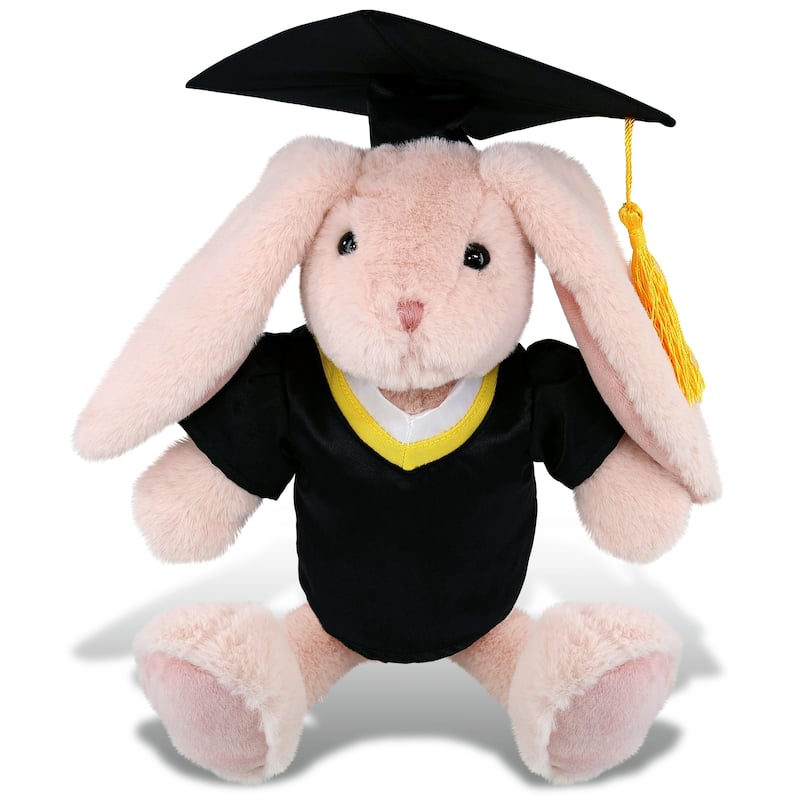 DolliBu Baby Pink Rabbit Graduation Plush Toy with Gown and Cap Outfit - 8 inches