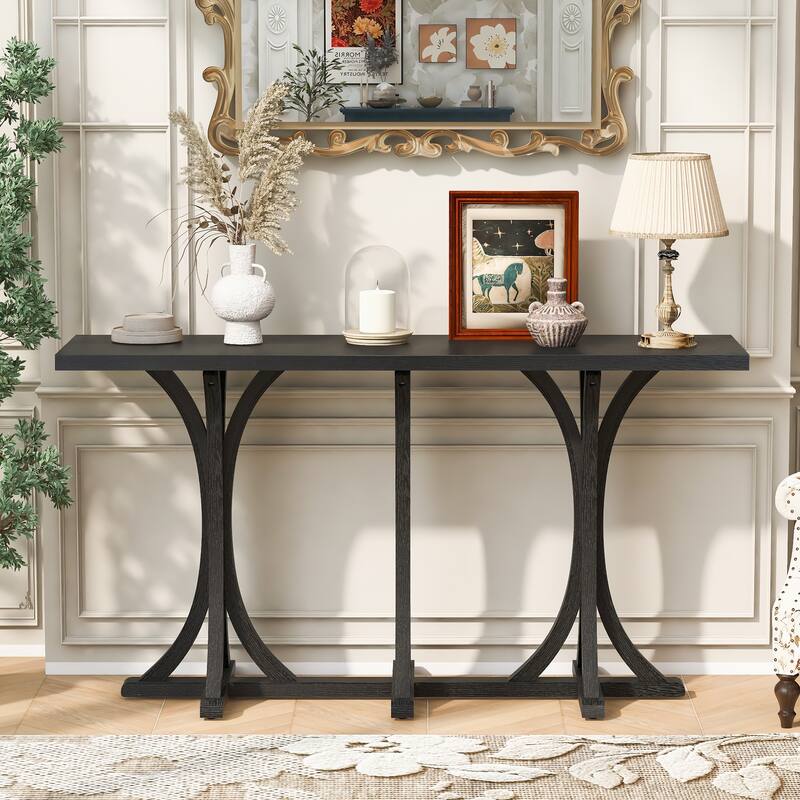 Roomfitters 59.8" Console Table with Oak Veneer Top, Modern Arched Leg Entryway Sofa Table for Hallway & Living Room - Black