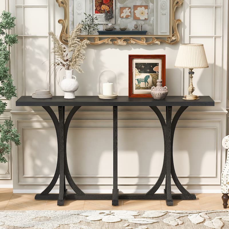 Wooden Console Table with Rectangular Oak Veneer Top, Farmhouse Entryway Table with Rubber Wood Slender Curved Legs - Black