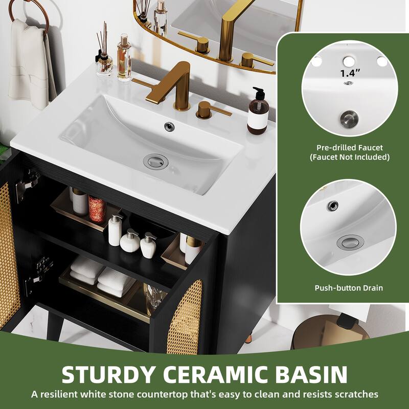 24" Rattan Boho Bathroom Vanity with Sink