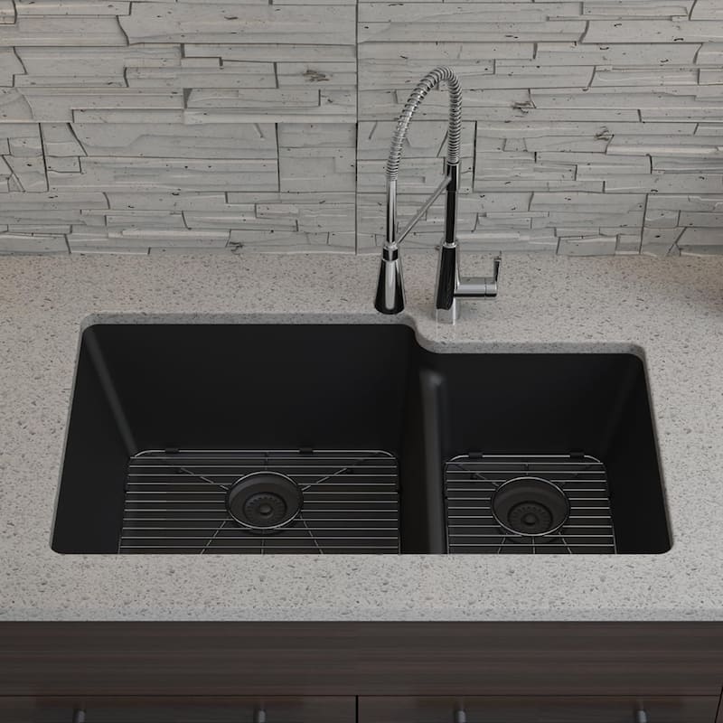 32"x19" Quartz Granite Kitchen Sink, 60/40 Double Bowl Drop-in/Undermount - 19x32