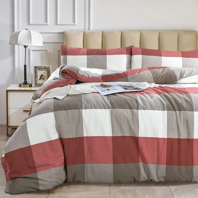 Cotton Plaid Windowpane Check 3-piece Duvet Cover Set - Buffalo Cherry - Queen