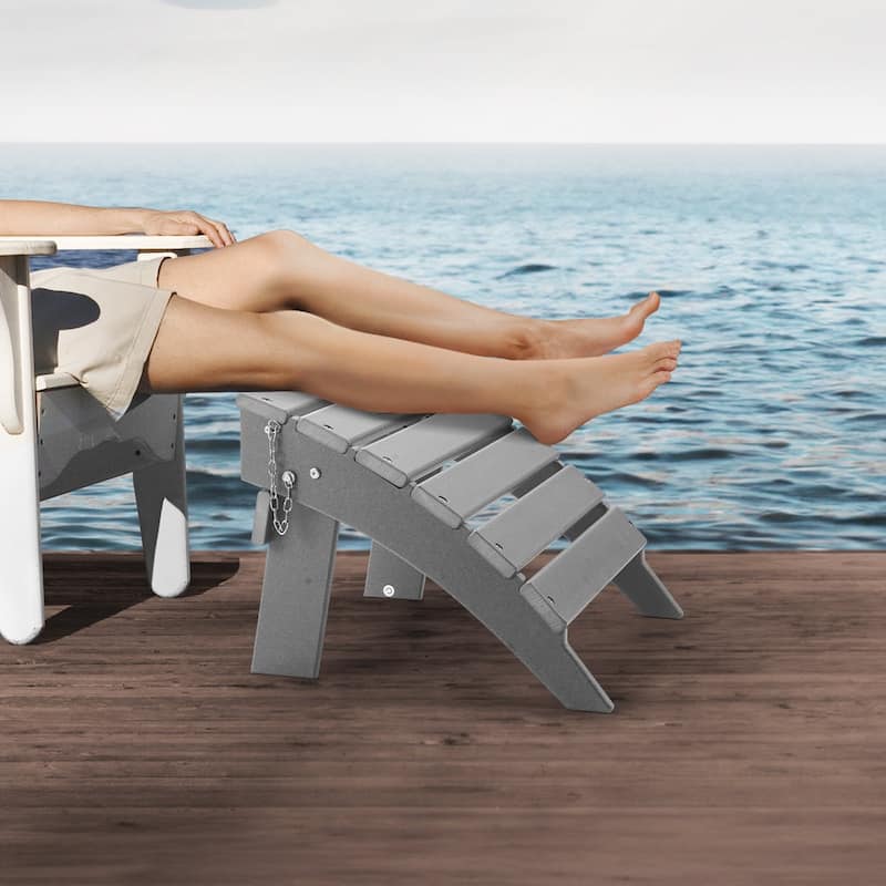 Grey HDPE Folding Adirondack Ottoman Footrest with Slatted Surface Ideal Use for Patio or Balcony - 16.9” x 18.9” x 13”