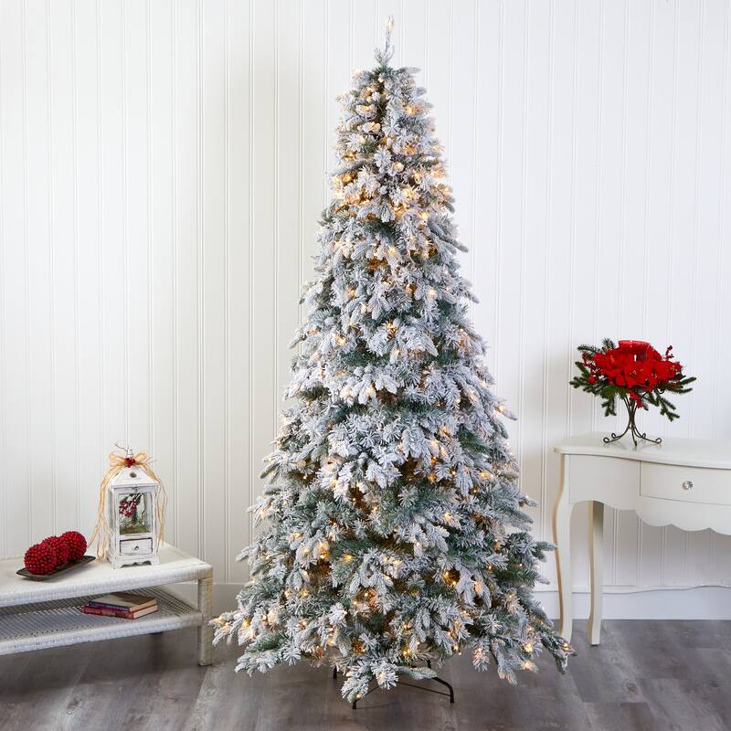 8ft Flocked Christmas Tree with Lights, Artificial Pine Tree, Holiday Decor, Realistic Holiday Tree - White - 96